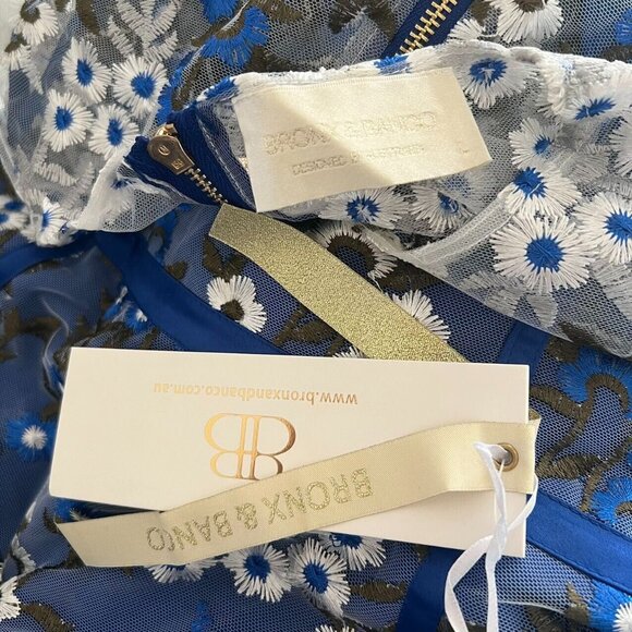 NWT $498 BRONX & BANCO Blue & White Floral Embroidered Mesh Cocktail Dress L 8 - Picture 5 of 12